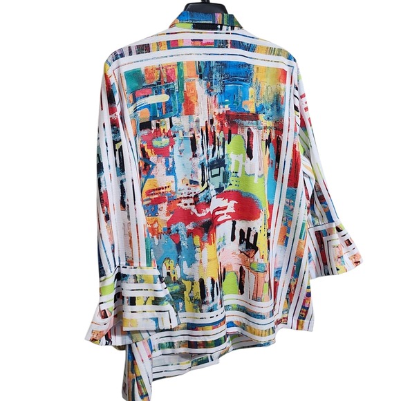 Ali Miles Womens 2X Wire Collar Abstract Print Ruffle Sleeve Button Up Top Shirt - Picture 6 of 9